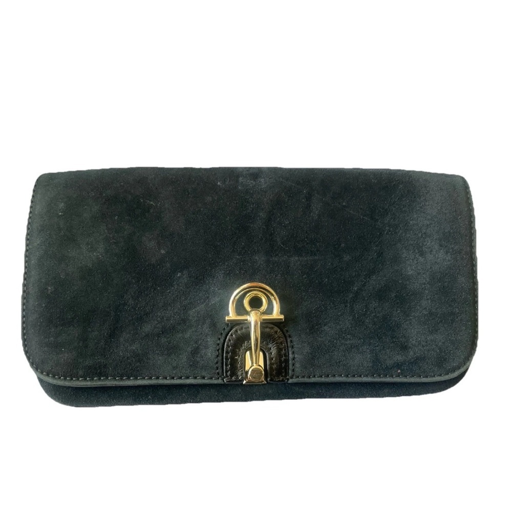 Talbots Black Genuine Suede Horsebit Clutch Handbag Purse Gold Clasp Classic Bag